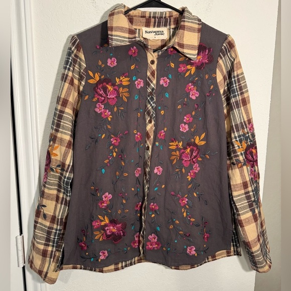 Savanna Jane Plaid and Floral Embroidered Flannel Long Sleeve Womens Size Small - Picture 1 of 9